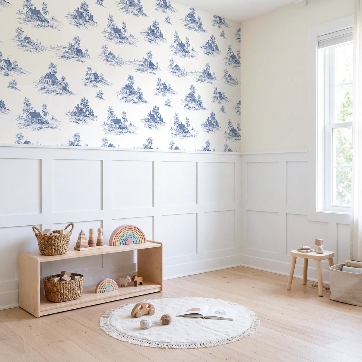 Cottage Toile Garden wallpaper above wainscoting - Whimsy Tots