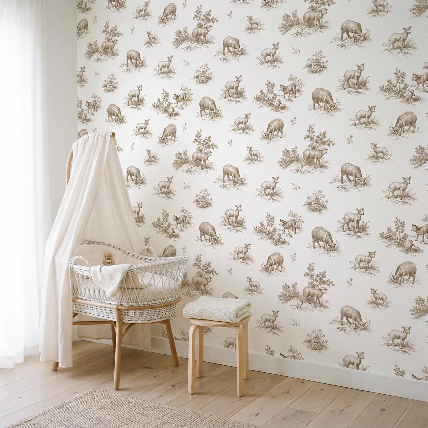 Lamb Toile Toss in Brown wallpaper in a styled nursery - Whimsy Tots