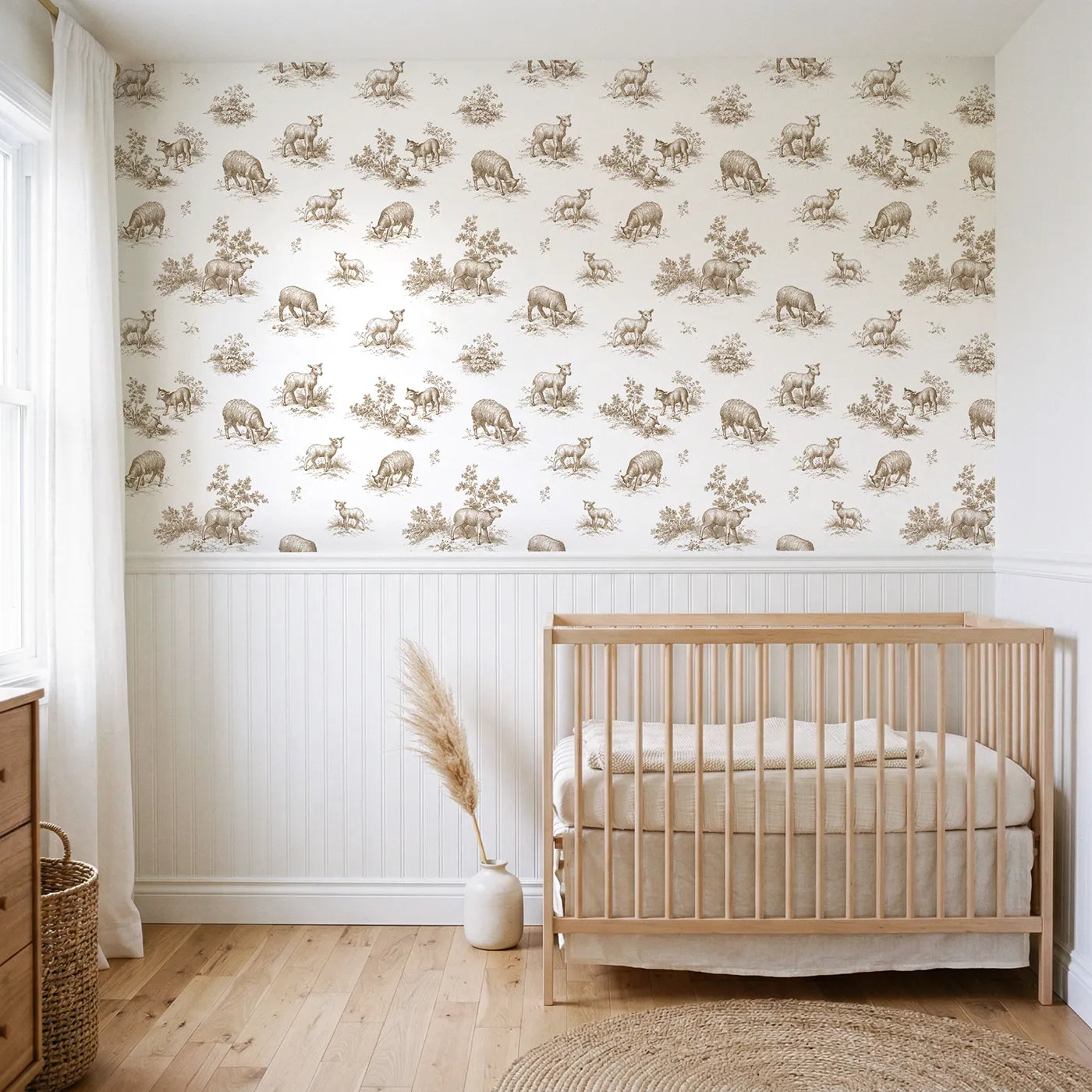 Lamb Toile Toss in Brown wallpaper above wainscoting - Whimsy Tots