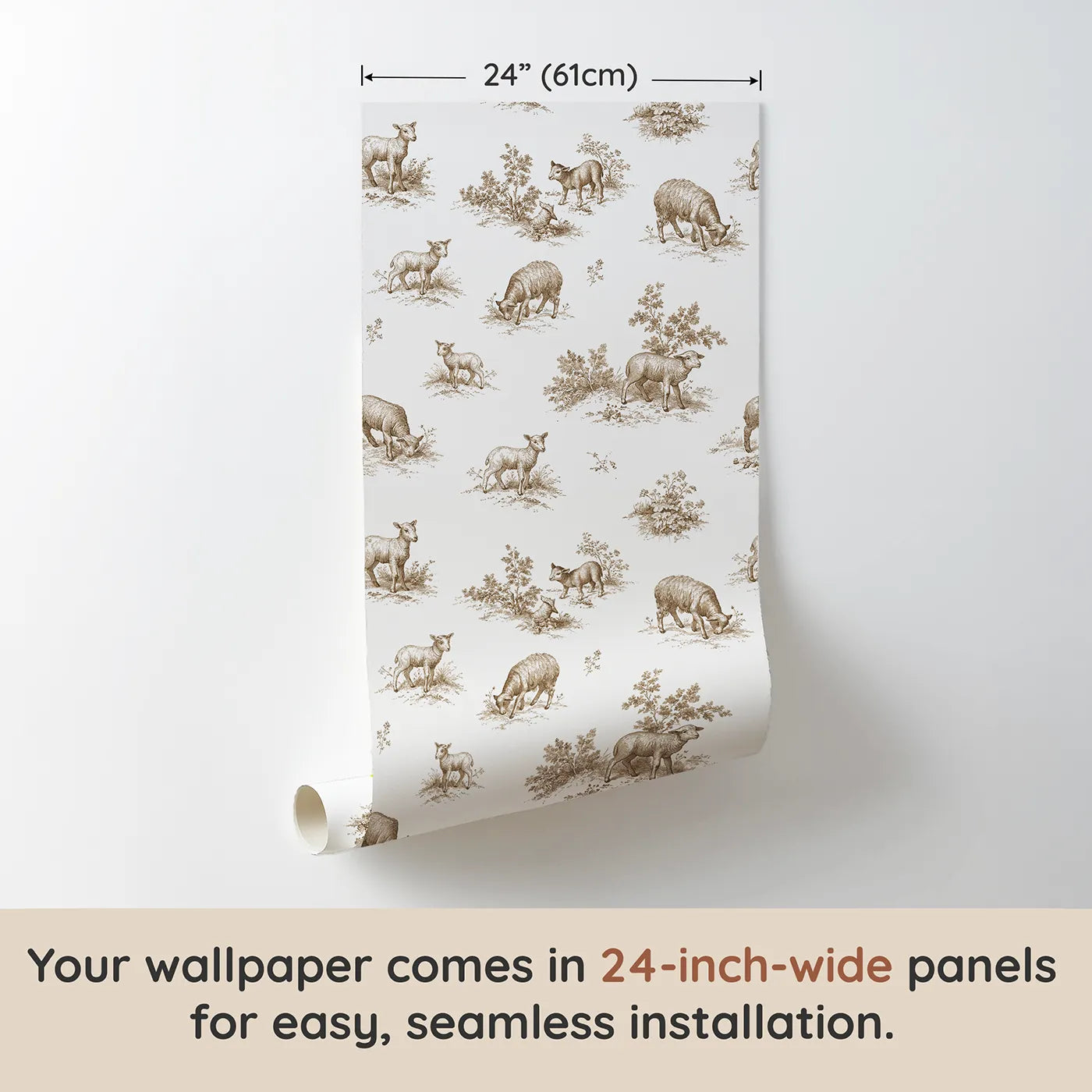 Lamb Toile Toss in Brown wallpaper panel dimensions - Whimsy Tots