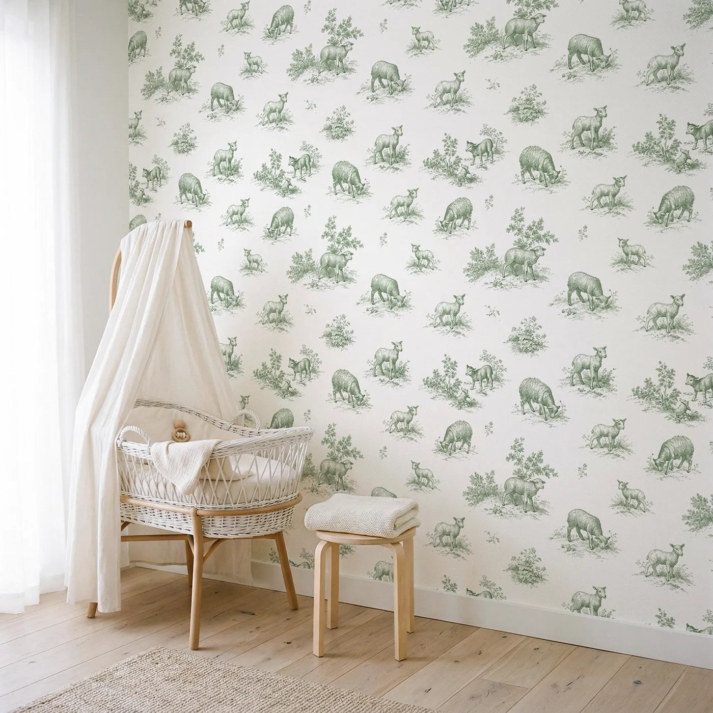 Lamb Toile Toss in Green wallpaper in a styled nursery - Whimsy Tots