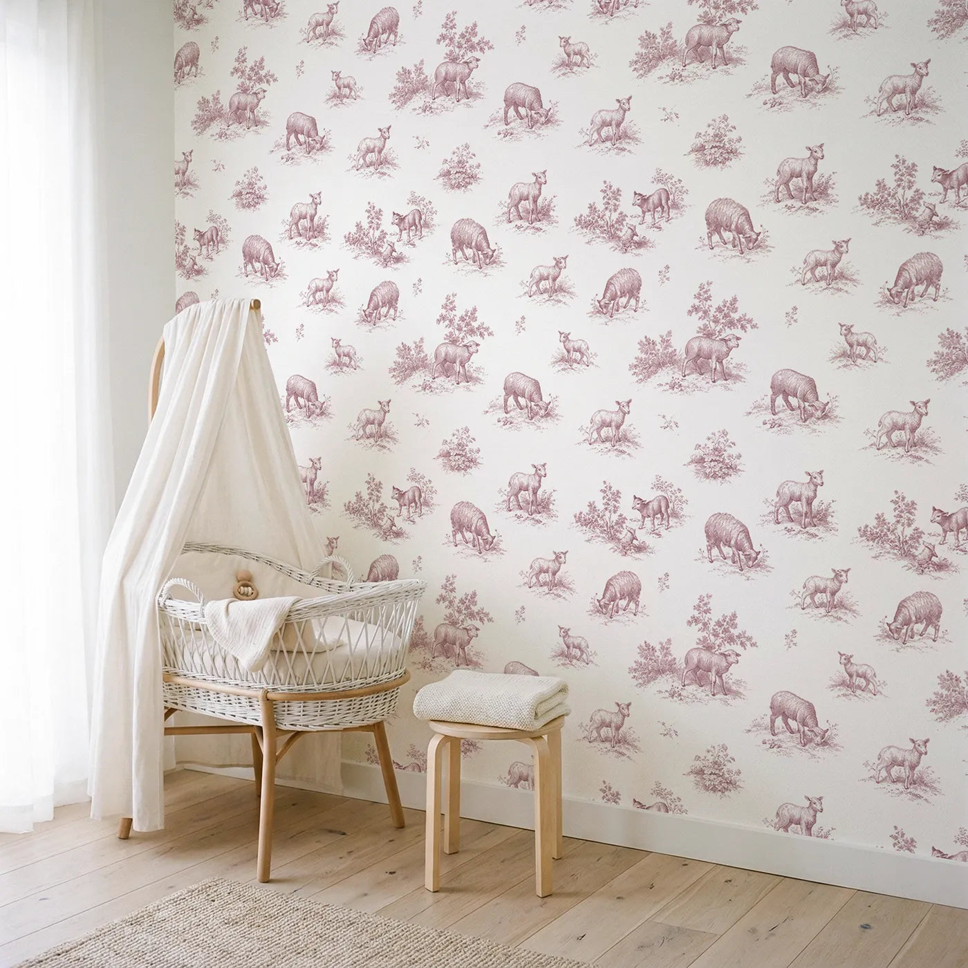 Lamb Toile Toss in Pink wallpaper in a styled nursery - Whimsy Tots