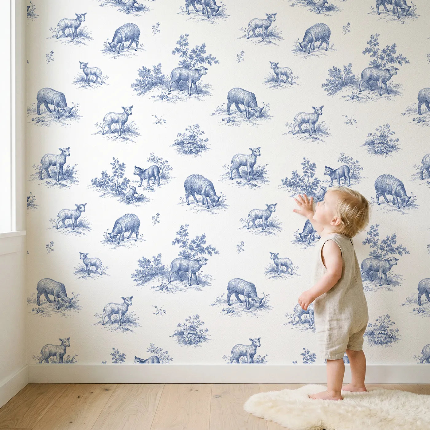 Lamb Toile Toss wallpaper in a cozy kids room - Whimsy Tots