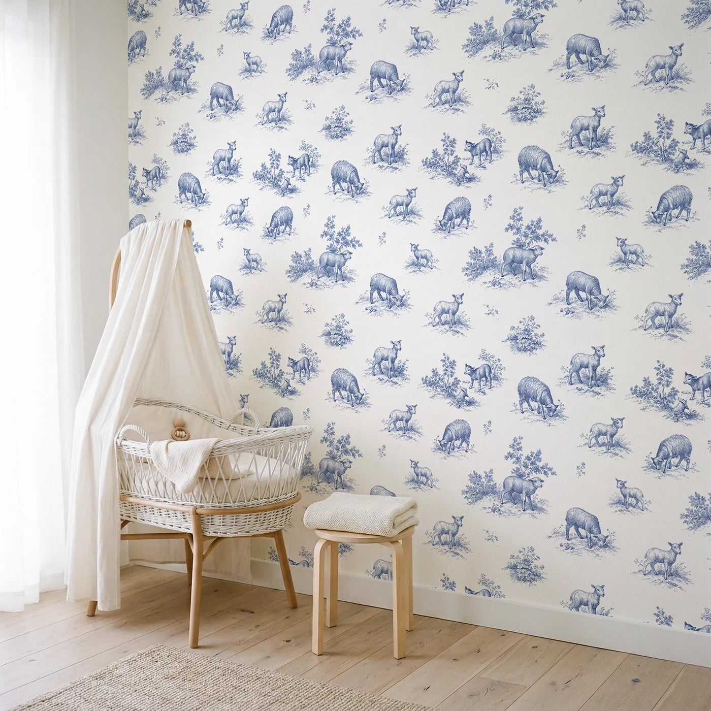 Lamb Toile Toss wallpaper in a styled nursery - Whimsy Tots