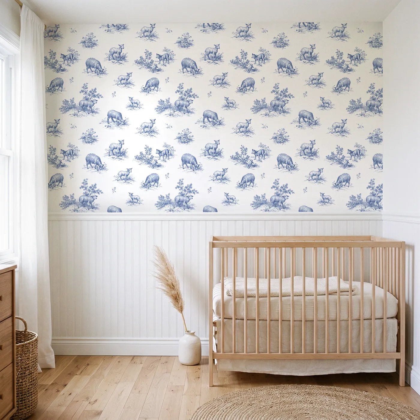 Lamb Toile Toss wallpaper above wainscoting - Whimsy Tots