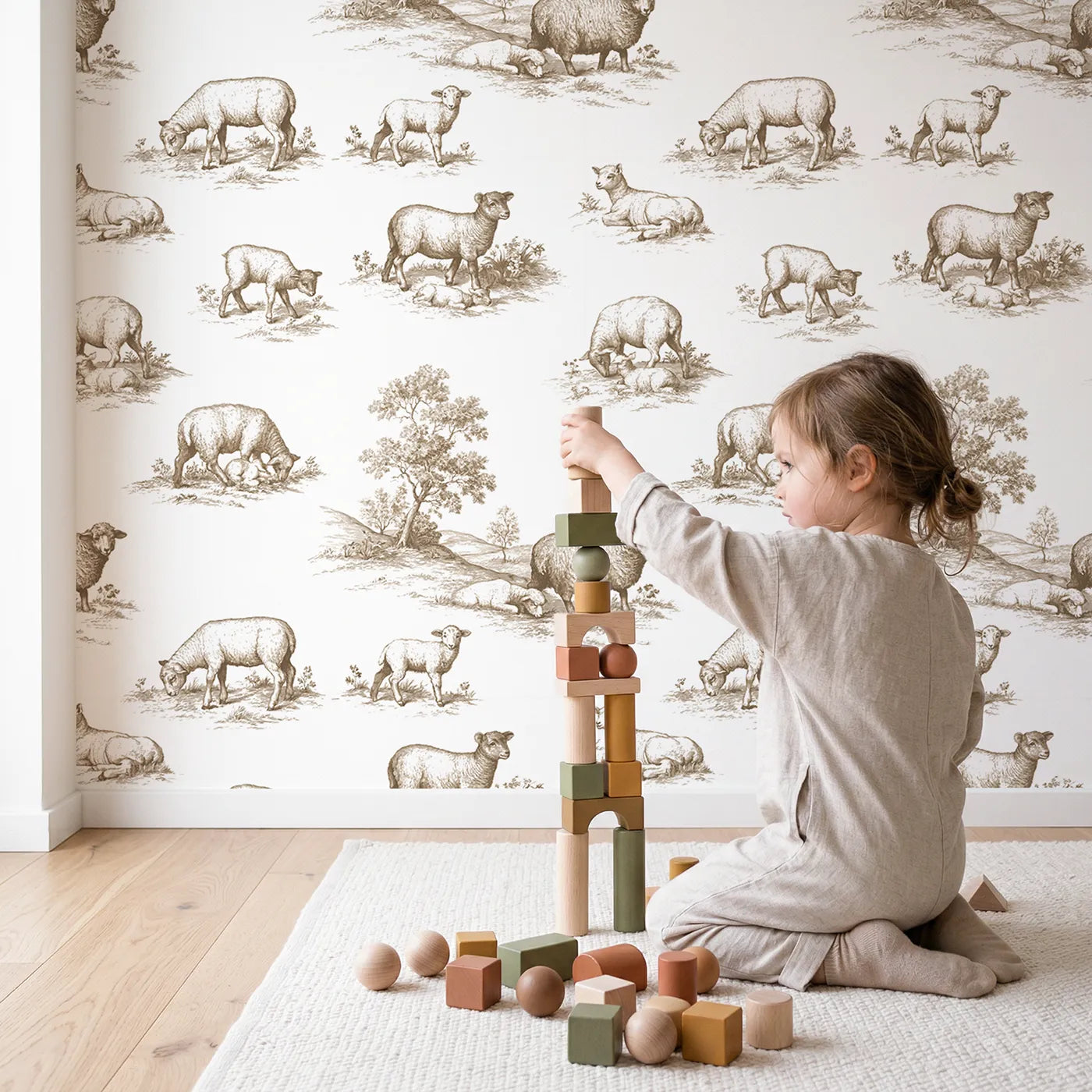 Lamb Toile Rows in Brown wallpaper in a cozy kids room - Whimsy Tots