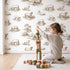 Lamb Toile Rows in Brown wallpaper in a cozy kids room - Whimsy Tots