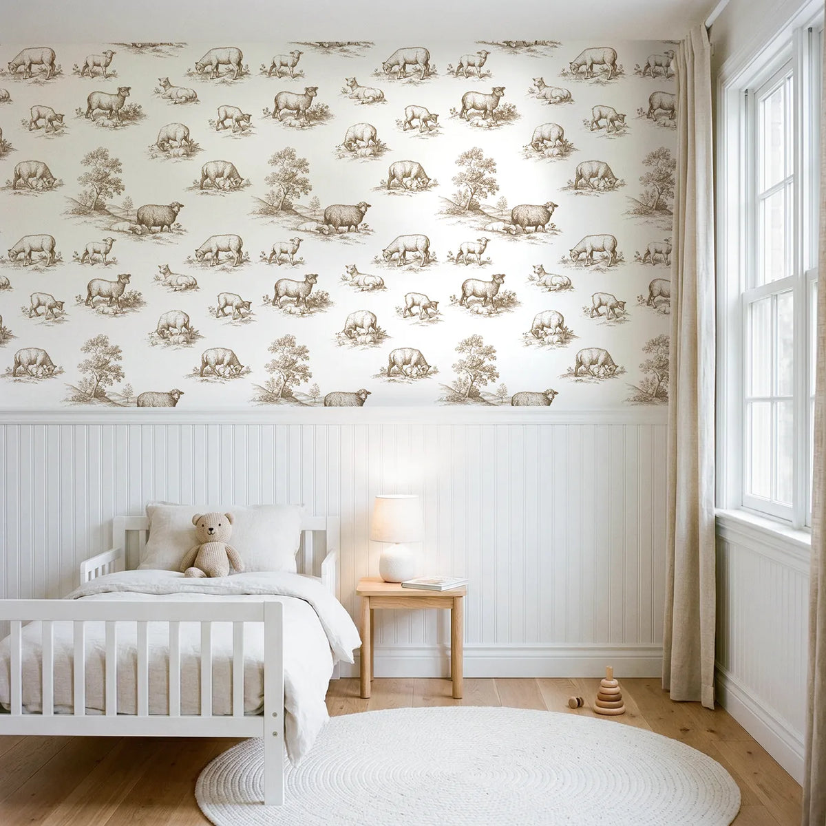 Lamb Toile Rows in Brown wallpaper above wainscoting - Whimsy Tots