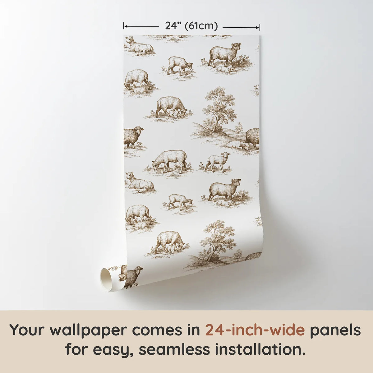 Lamb Toile Rows in Brown wallpaper panel dimensions - Whimsy Tots