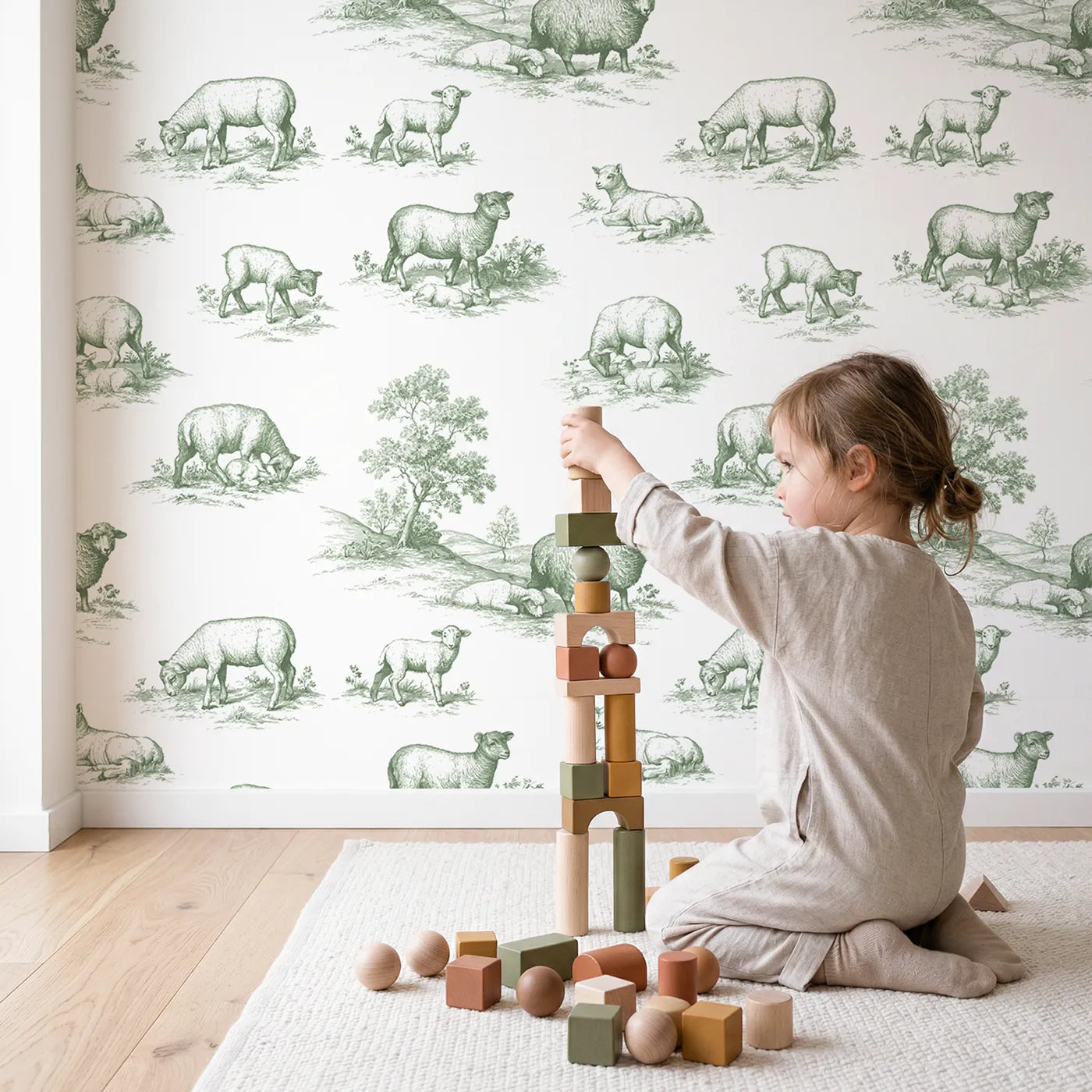 Lamb Toile Rows in Green wallpaper in a cozy kids room - Whimsy Tots