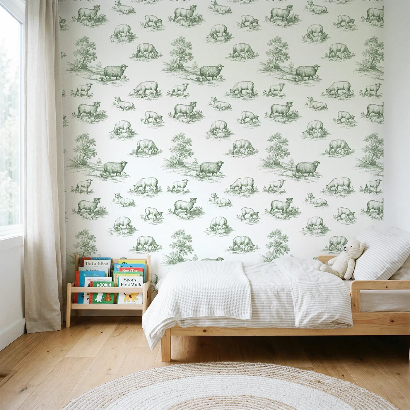 Lamb Toile Rows in Green wallpaper in a styled nursery - Whimsy Tots