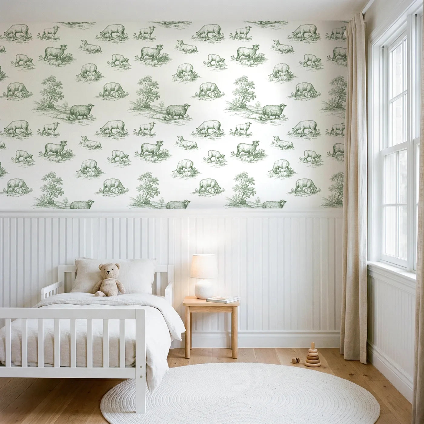 Lamb Toile Rows in Green wallpaper above wainscoting - Whimsy Tots