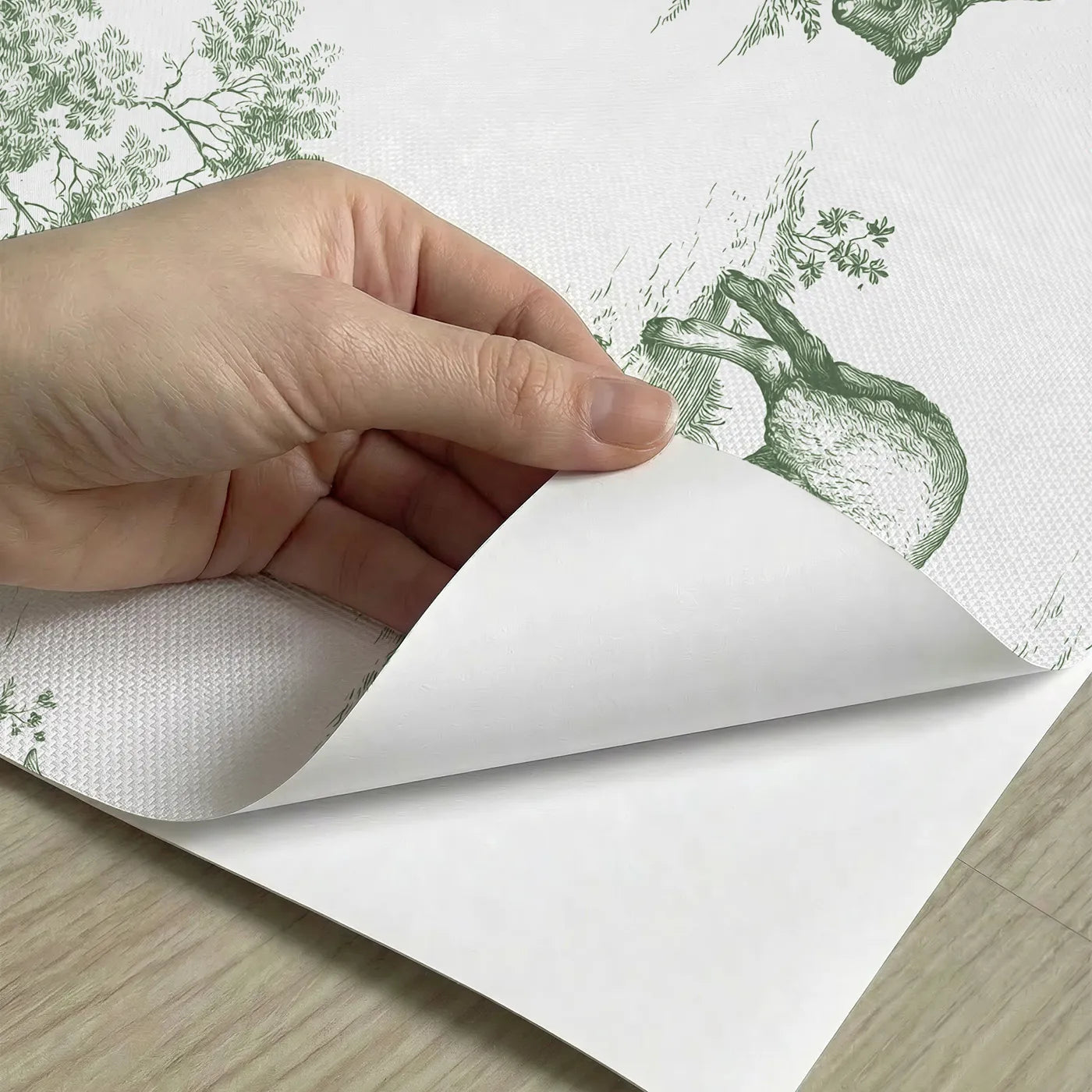 Lamb Toile Rows in Green peel and stick material close-up - Whimsy Tots