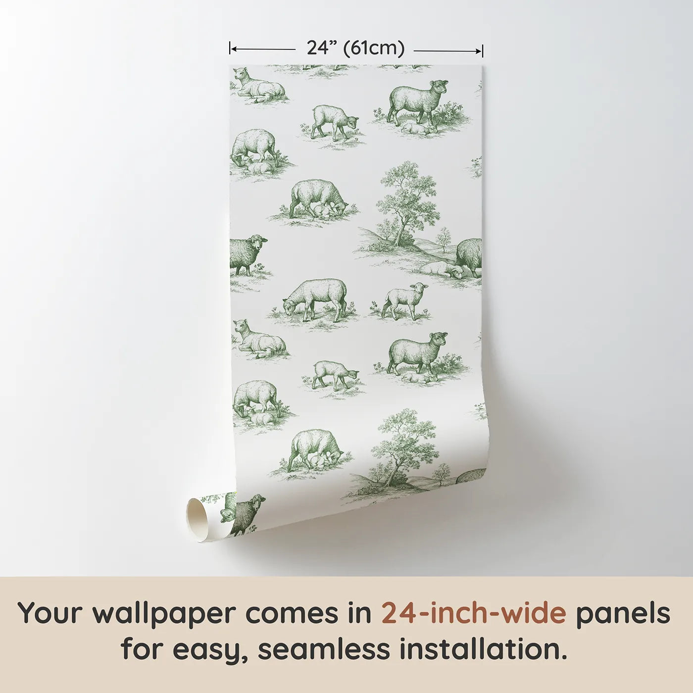 Lamb Toile Rows in Green wallpaper panel dimensions - Whimsy Tots
