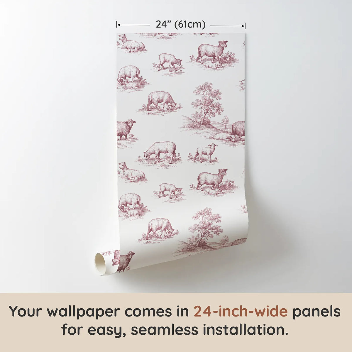Lamb Toile Rows in Pink wallpaper panel dimensions - Whimsy Tots