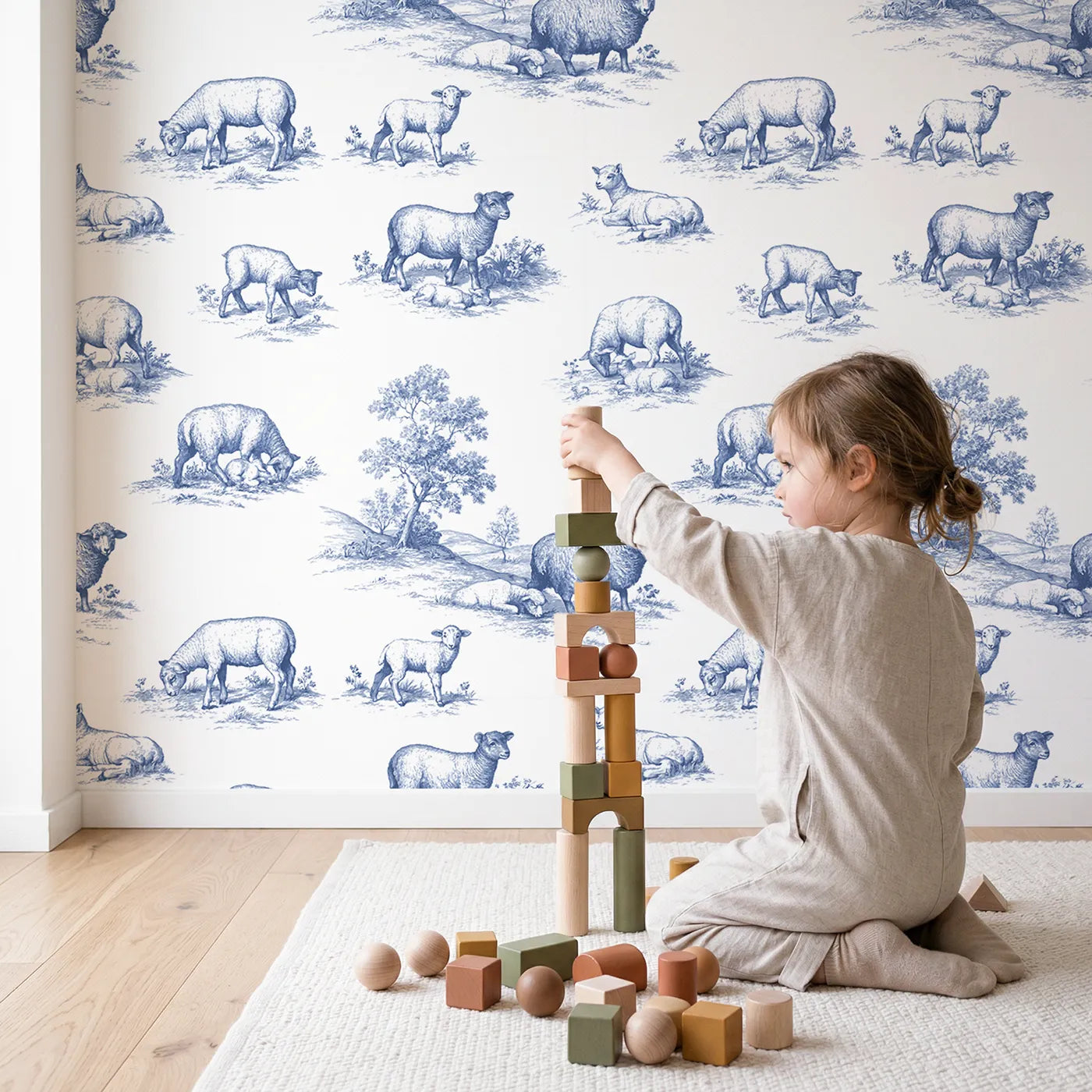Lamb Toile Rows wallpaper in a cozy kids room - Whimsy Tots