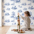 Lamb Toile Rows wallpaper in a cozy kids room - Whimsy Tots
