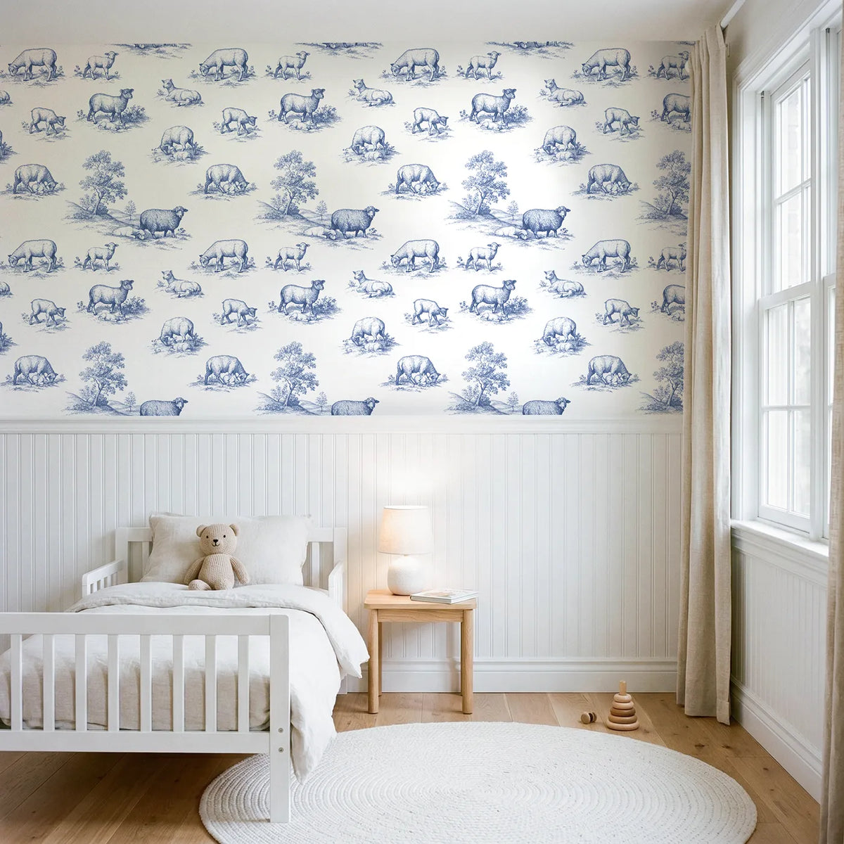 Lamb Toile Rows wallpaper above wainscoting - Whimsy Tots