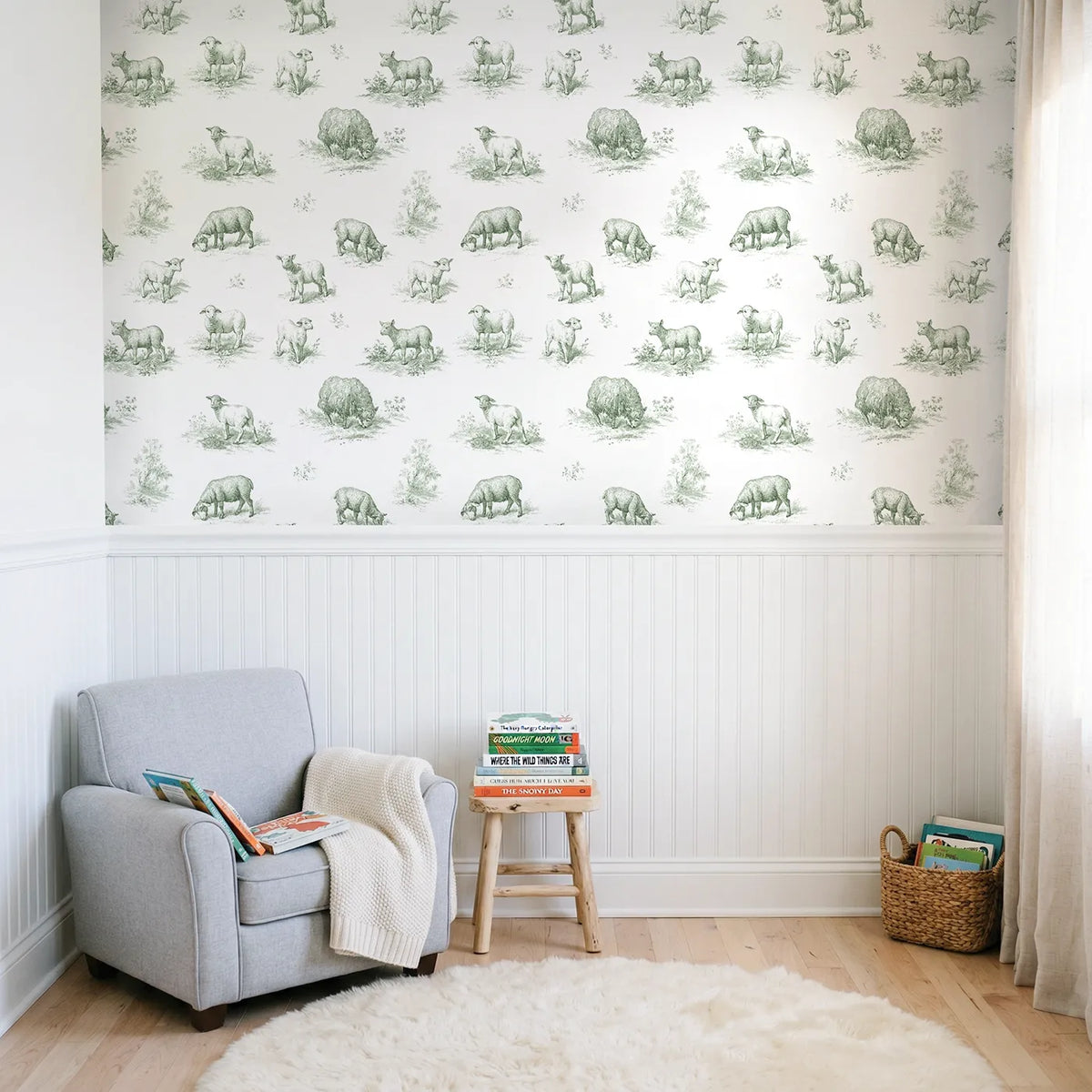 Lamb Toile Drop in Green wallpaper above wainscoting - Whimsy Tots