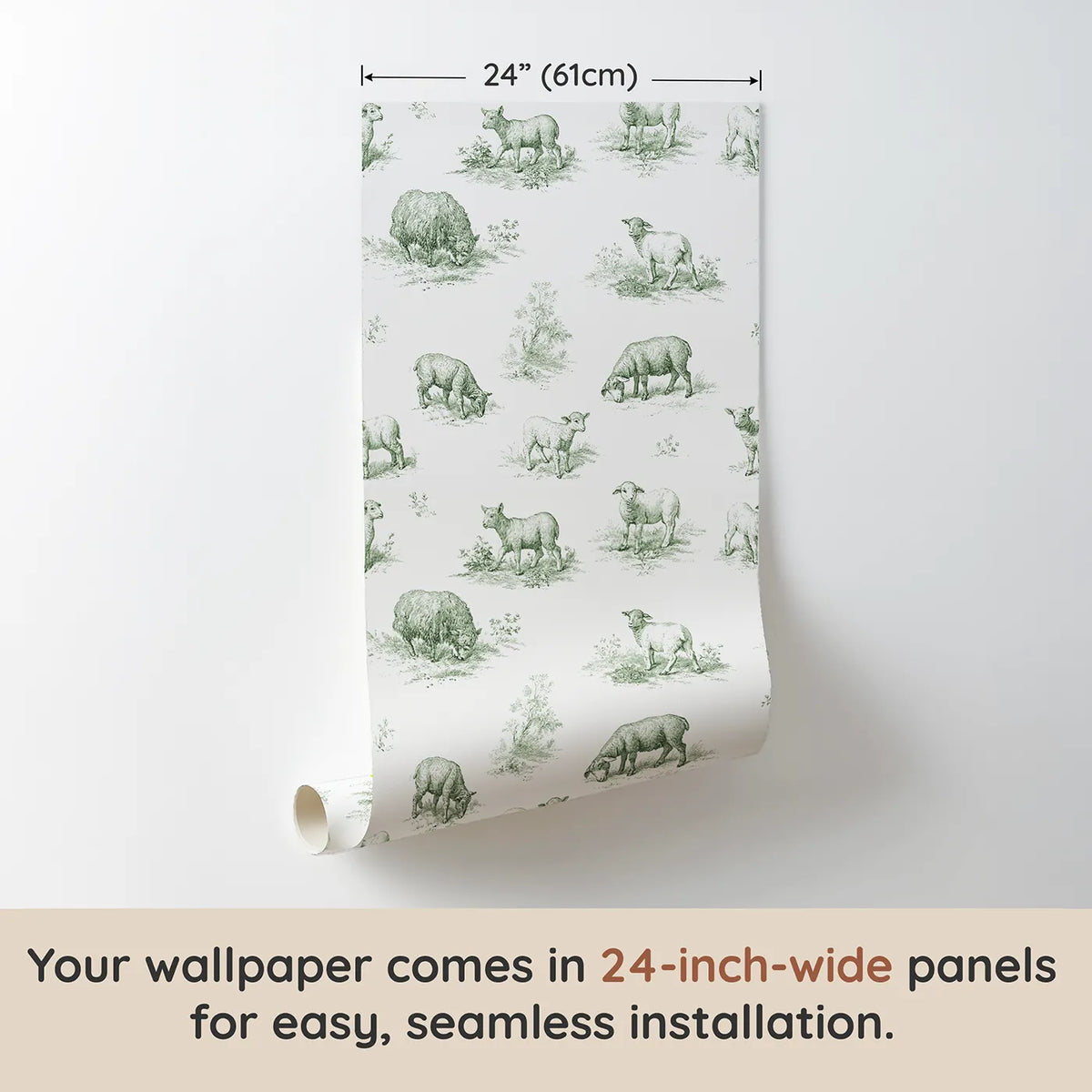Lamb Toile Drop in Green wallpaper panel dimensions - Whimsy Tots