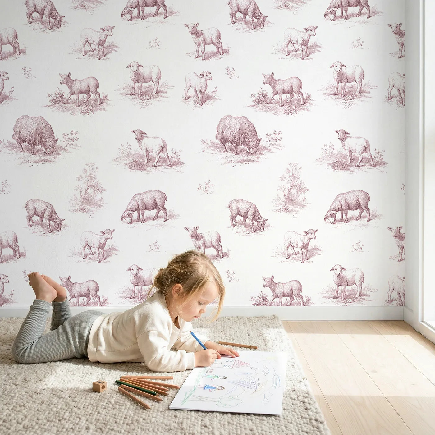 Lamb Toile Drop in Pink wallpaper in a cozy kids room - Whimsy Tots