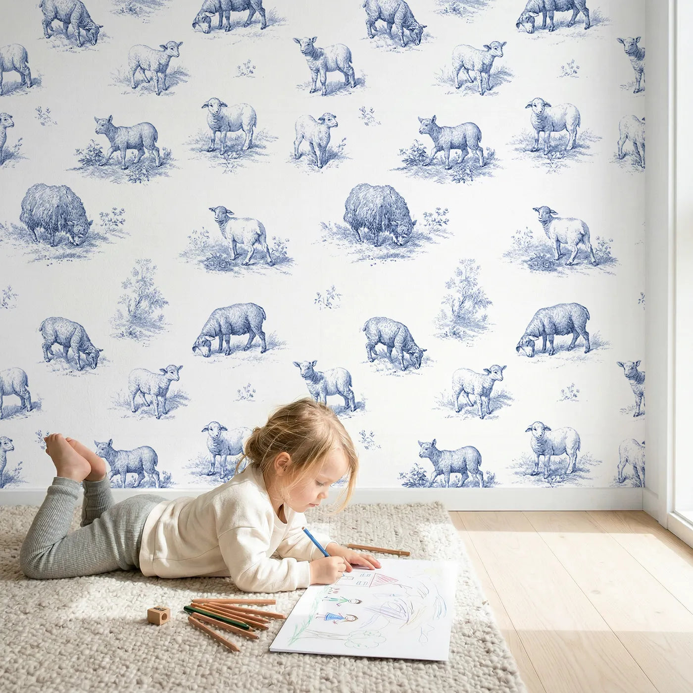 Lamb Toile Drop wallpaper in a cozy kids room - Whimsy Tots