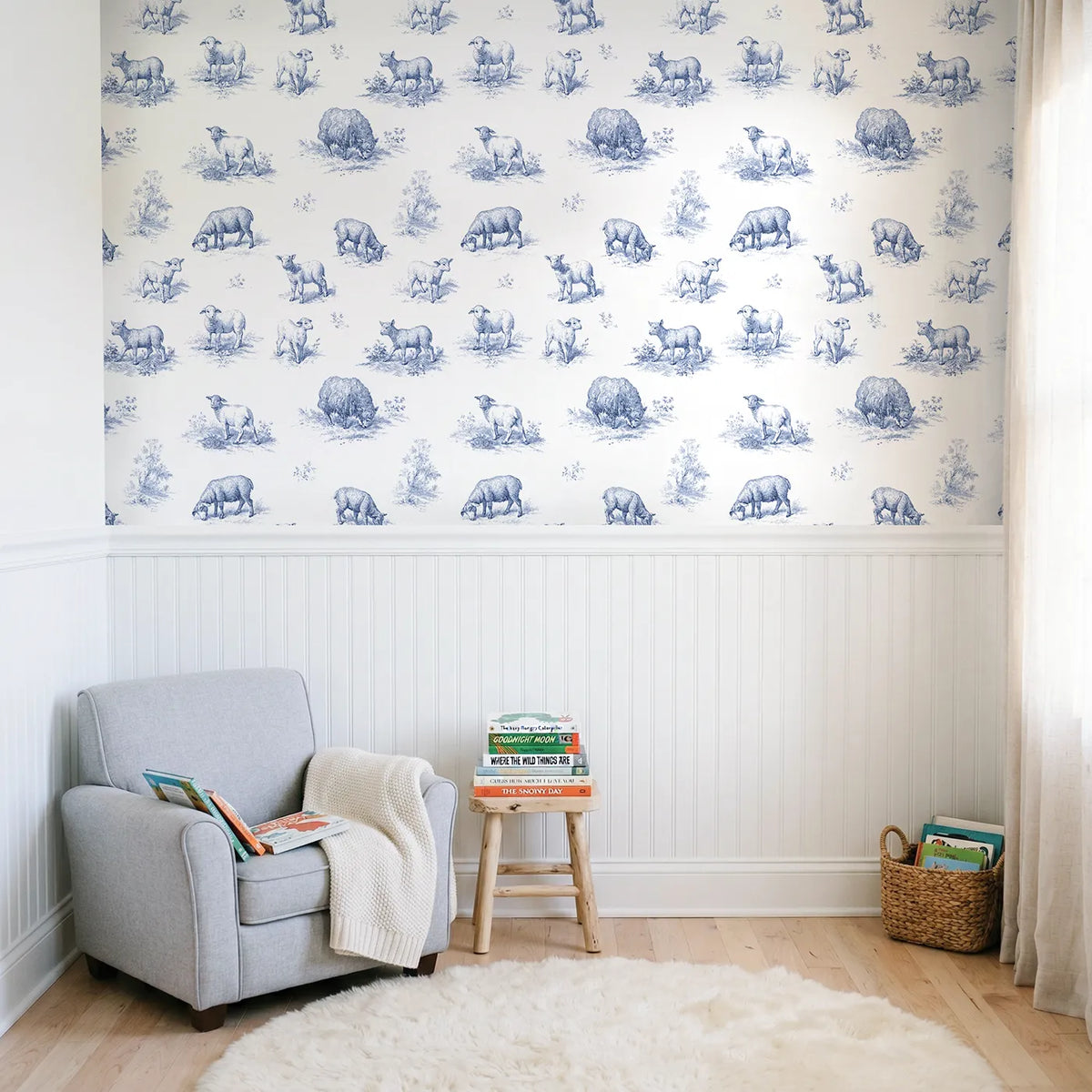 Lamb Toile Drop wallpaper above wainscoting - Whimsy Tots