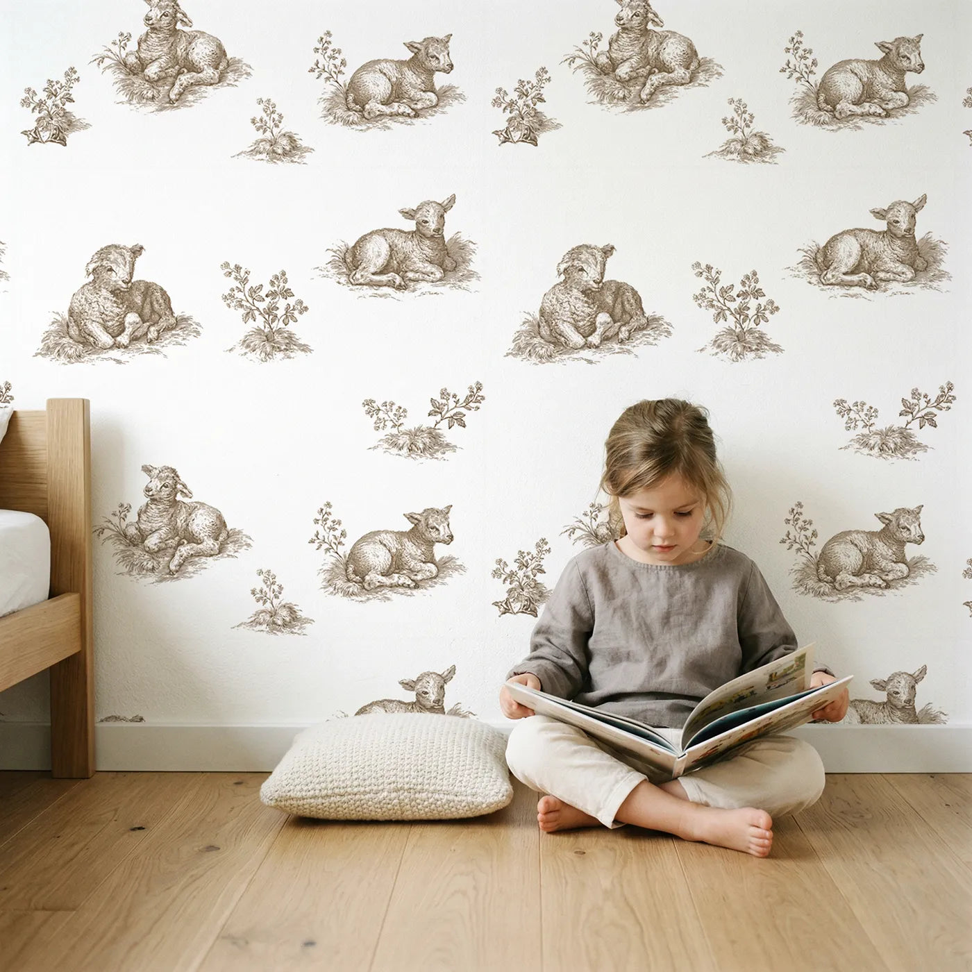 Lamb Toile Scene in Brown wallpaper in a cozy kids room - Whimsy Tots