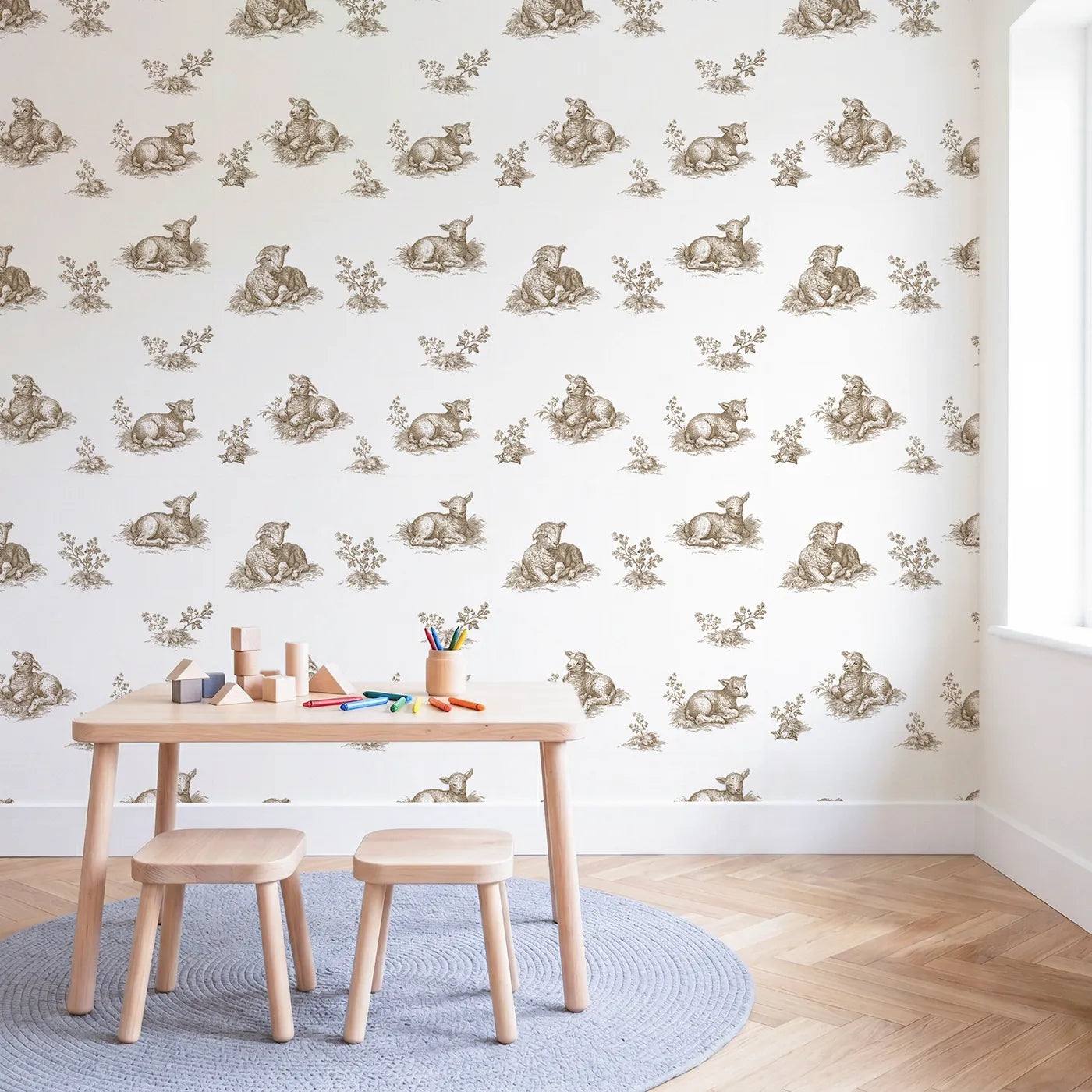 Lamb Toile Scene in Brown wallpaper in a styled nursery - Whimsy Tots