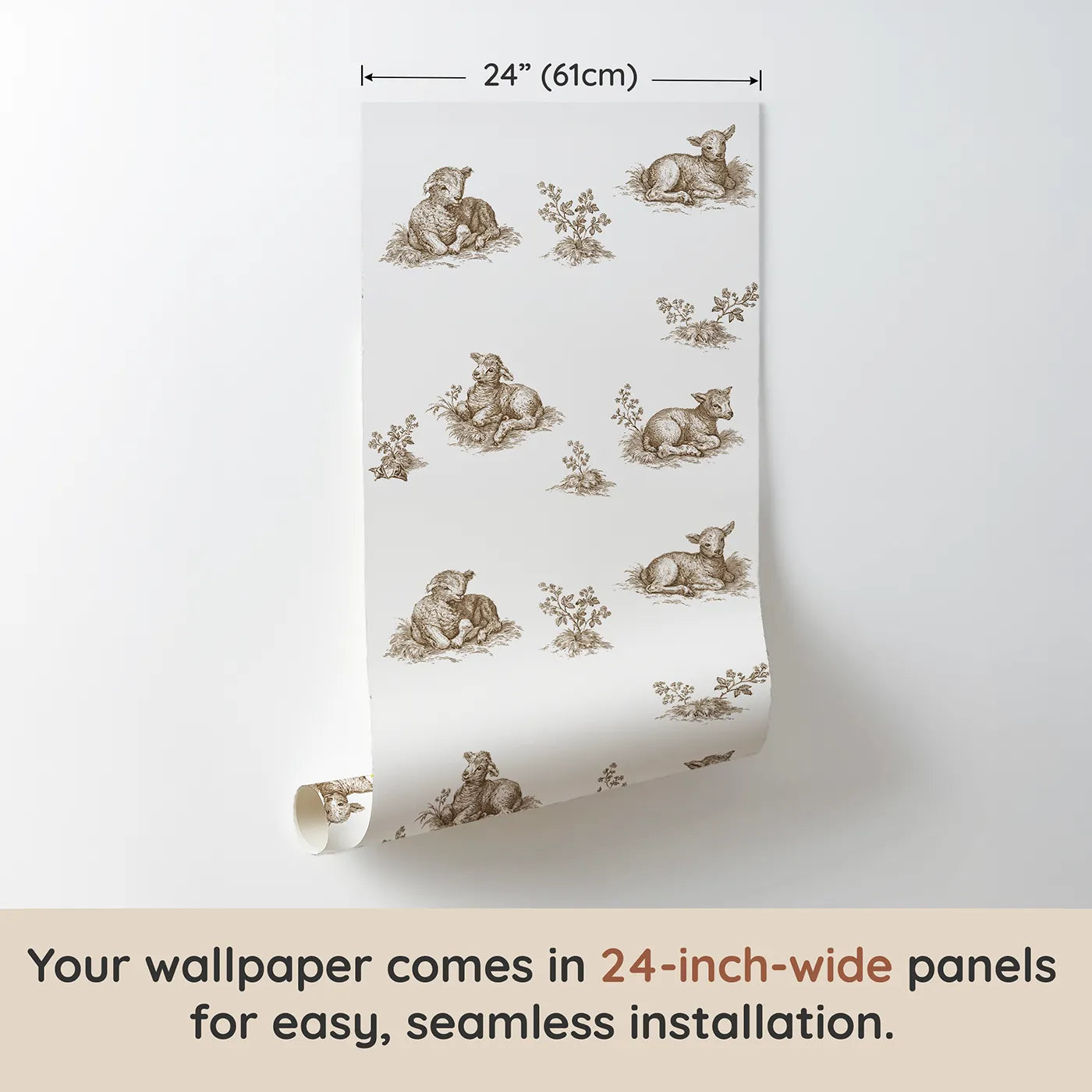 Lamb Toile Scene in Brown wallpaper panel dimensions - Whimsy Tots