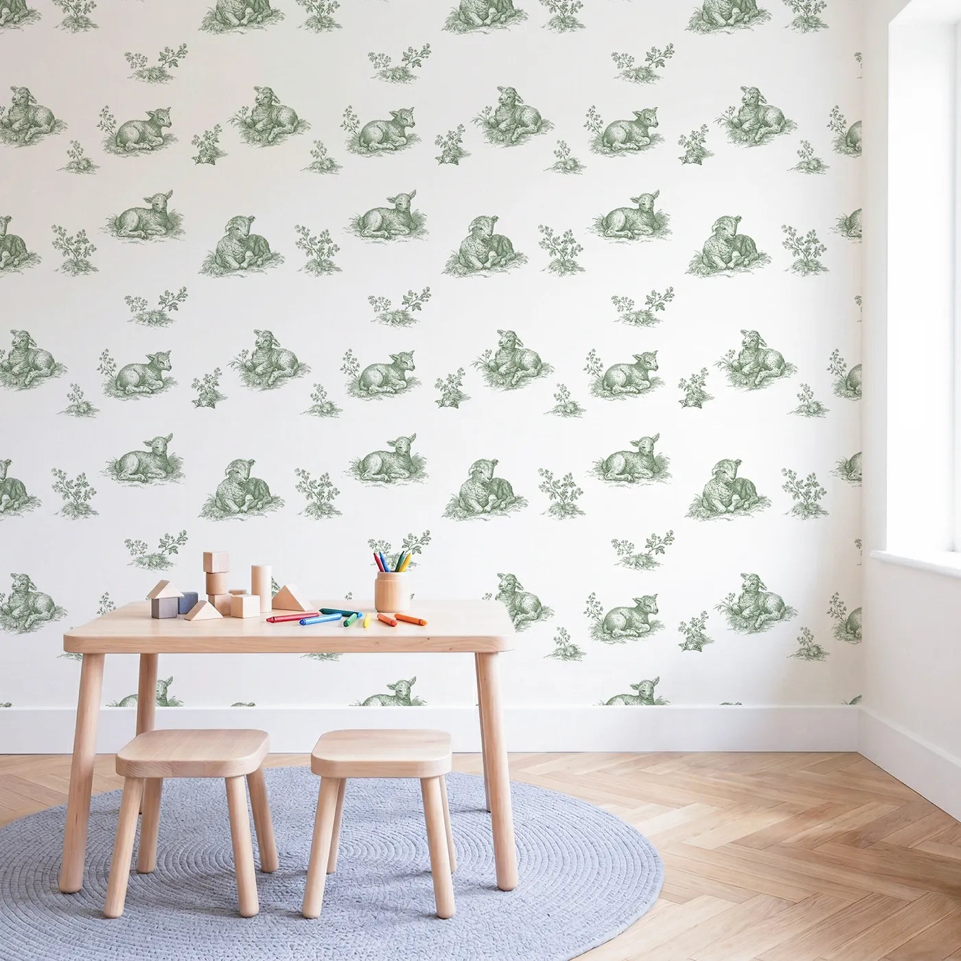 Lamb Toile Scene in Green wallpaper in a styled nursery - Whimsy Tots