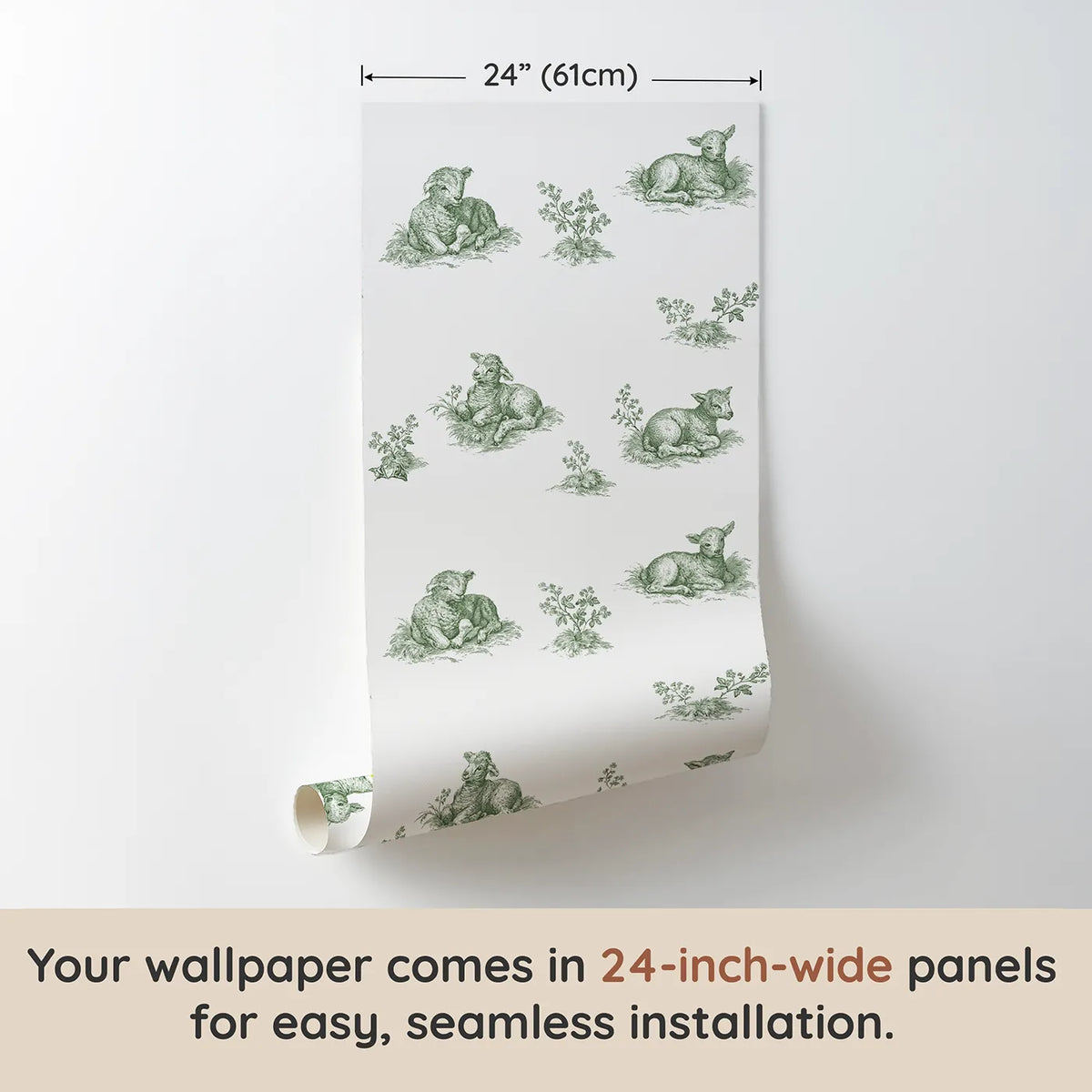 Lamb Toile Scene in Green wallpaper panel dimensions - Whimsy Tots