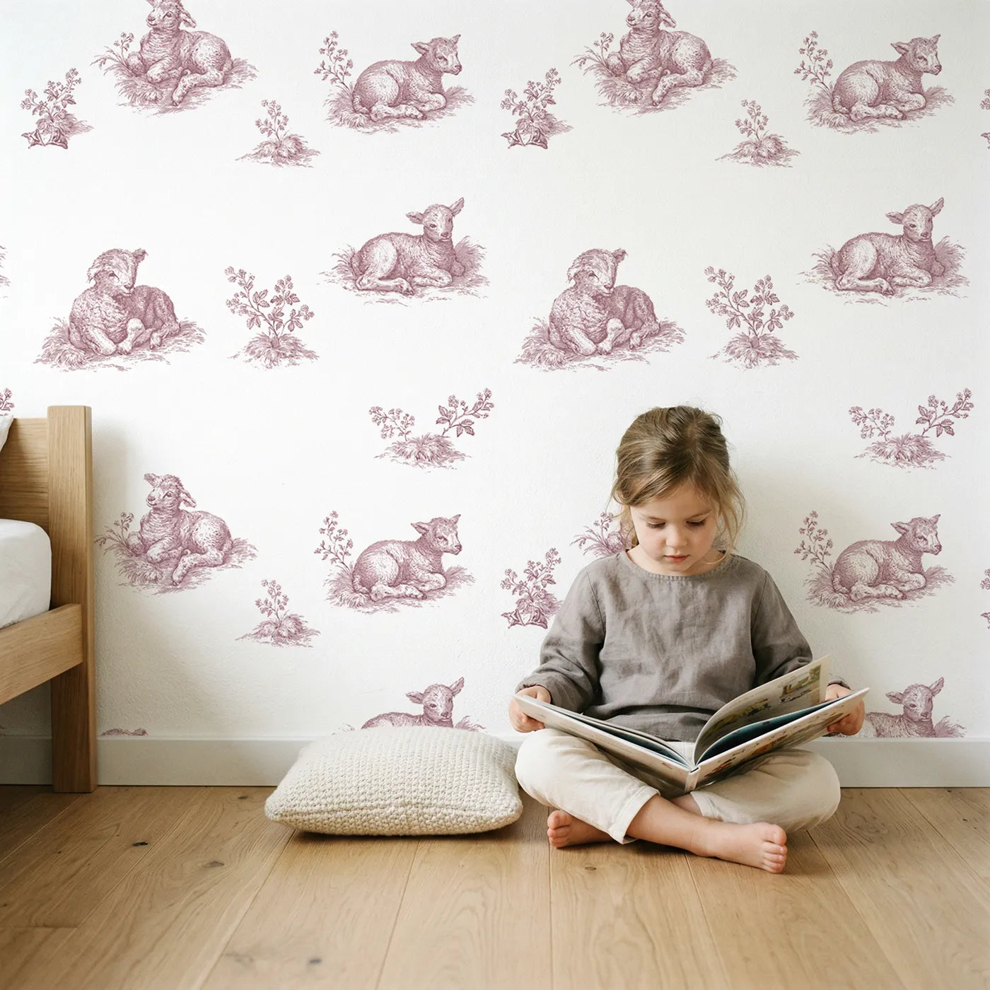 Lamb Toile Scene in Pink wallpaper in a cozy kids room - Whimsy Tots