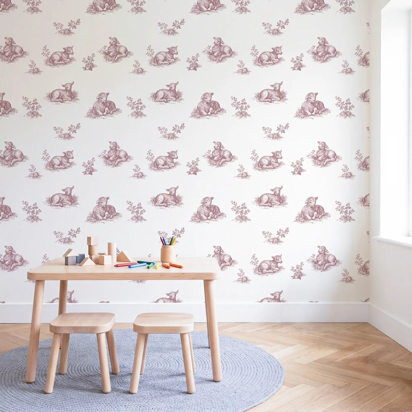Lamb Toile Scene in Pink wallpaper in a styled nursery - Whimsy Tots