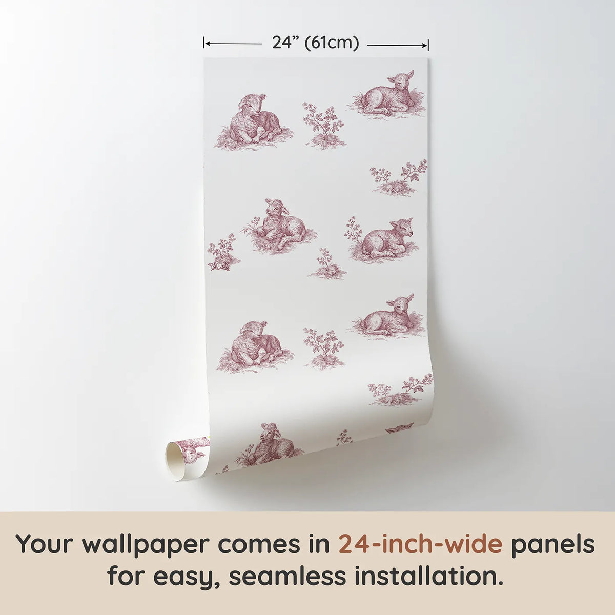 Lamb Toile Scene in Pink wallpaper panel dimensions - Whimsy Tots