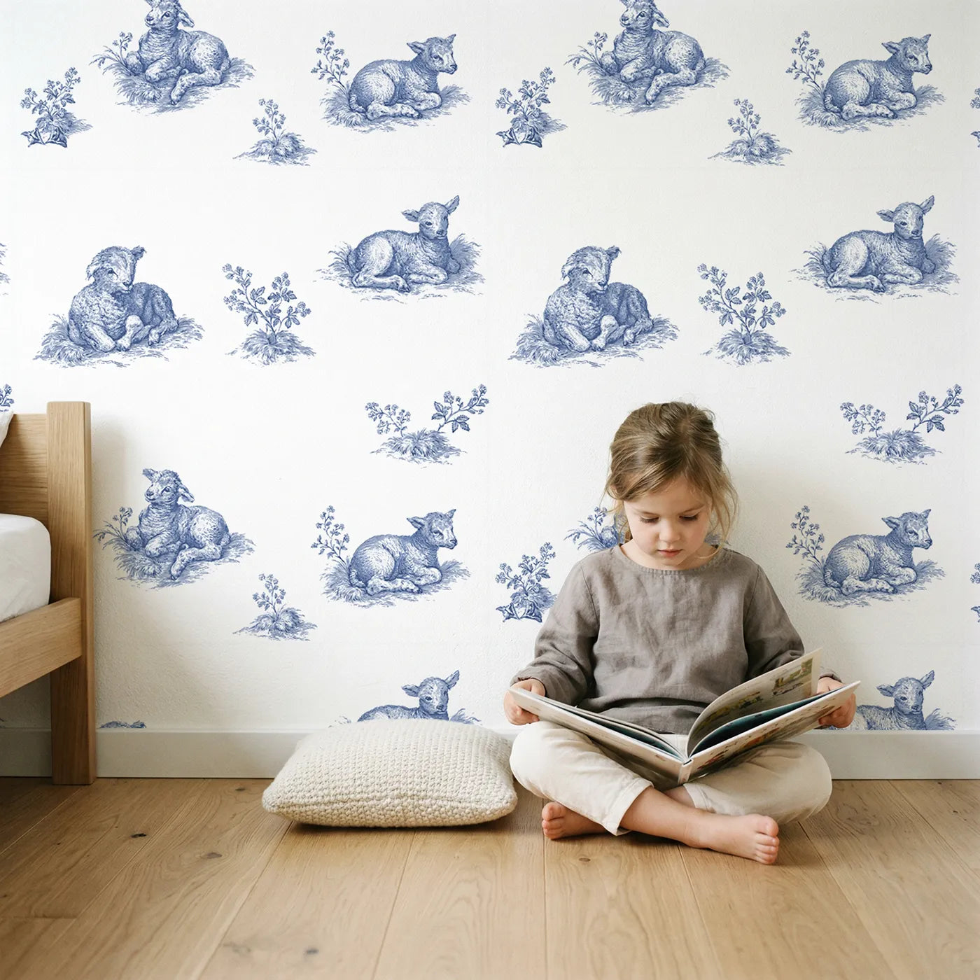 Lamb Toile Scene wallpaper in a cozy kids room - Whimsy Tots