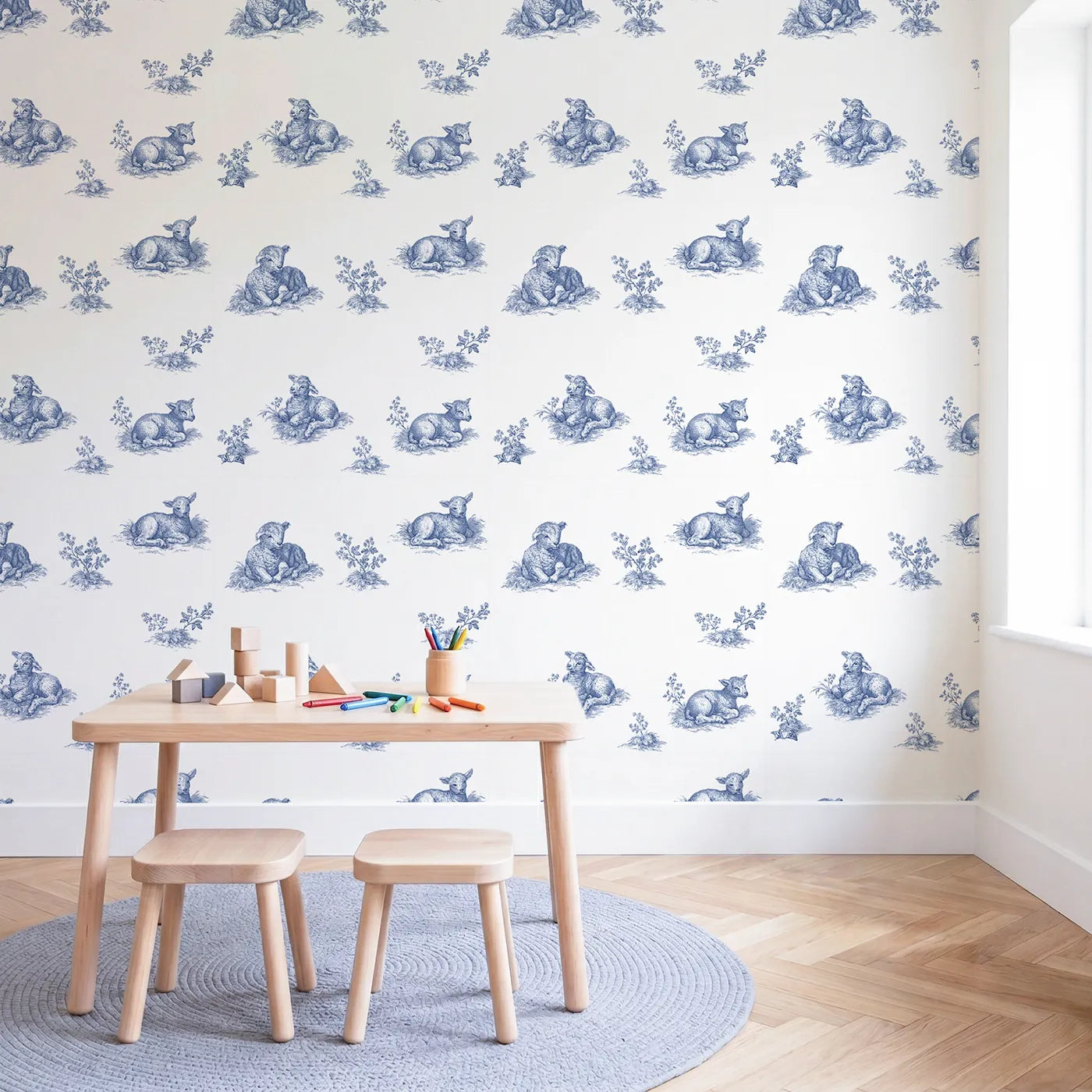 Lamb Toile Scene wallpaper in a styled nursery - Whimsy Tots