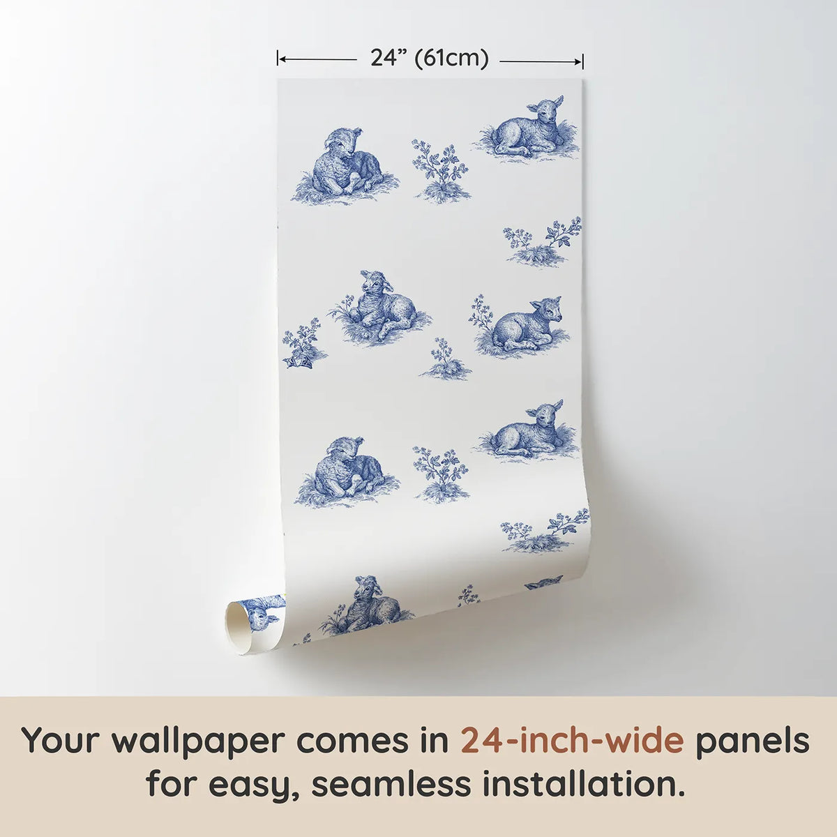 Lamb Toile Scene wallpaper panel dimensions - Whimsy Tots