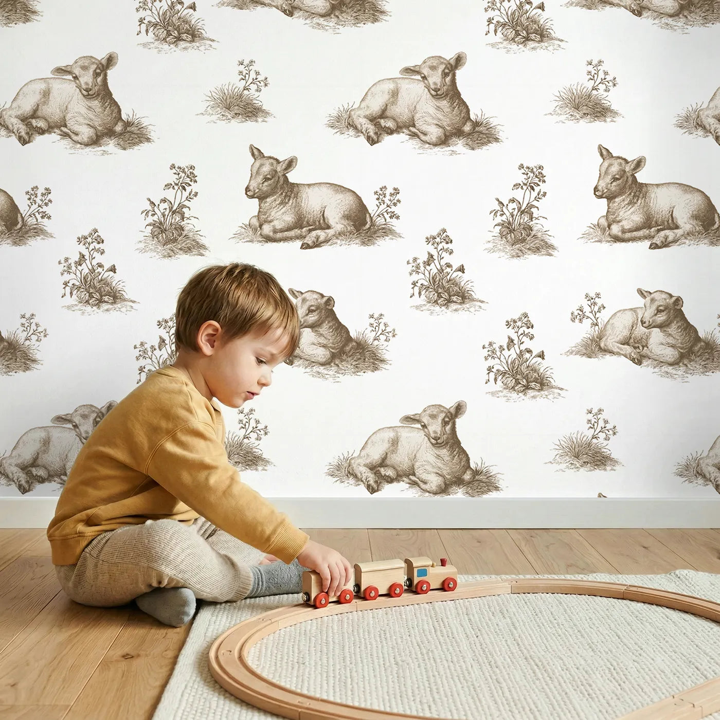 Lamb Toile Garden in Brown wallpaper in a cozy kids room - Whimsy Tots