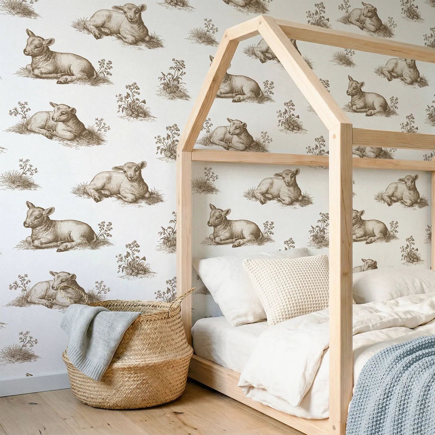 Lamb Toile Garden in Brown wallpaper in a styled nursery - Whimsy Tots