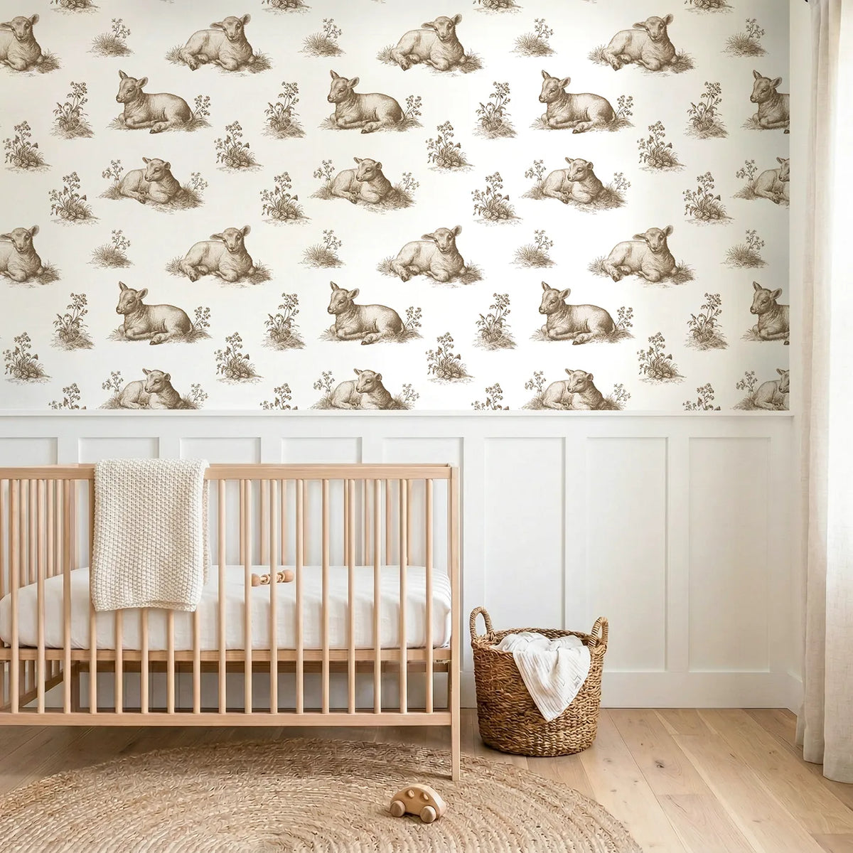 Lamb Toile Garden in Brown wallpaper above wainscoting - Whimsy Tots