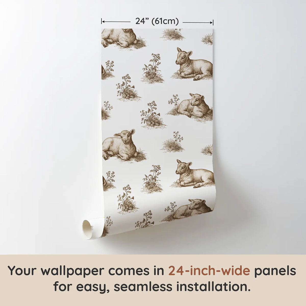 Lamb Toile Garden in Brown wallpaper panel dimensions - Whimsy Tots