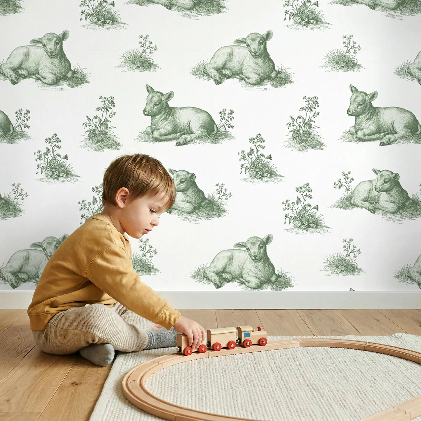 Lamb Toile Garden in Green wallpaper in a cozy kids room - Whimsy Tots