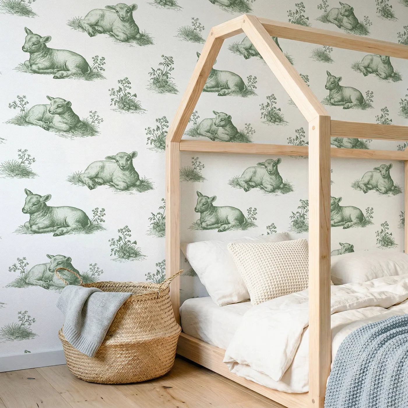 Lamb Toile Garden in Green wallpaper in a styled nursery - Whimsy Tots
