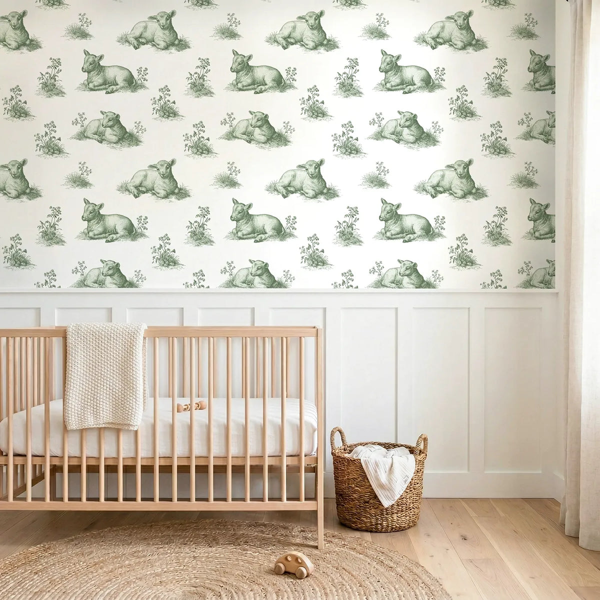 Lamb Toile Garden in Green wallpaper above wainscoting - Whimsy Tots
