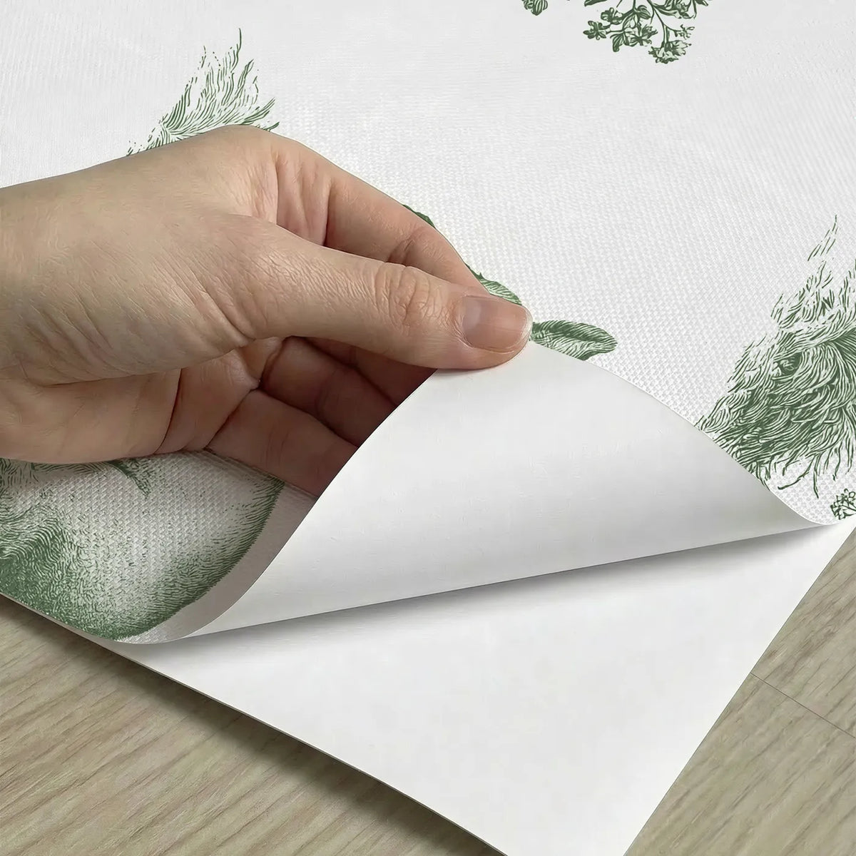 Lamb Toile Garden in Green peel and stick material close-up - Whimsy Tots