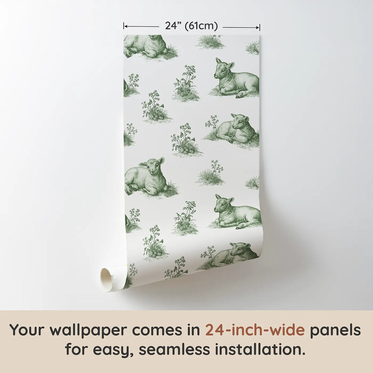 Lamb Toile Garden in Green wallpaper panel dimensions - Whimsy Tots