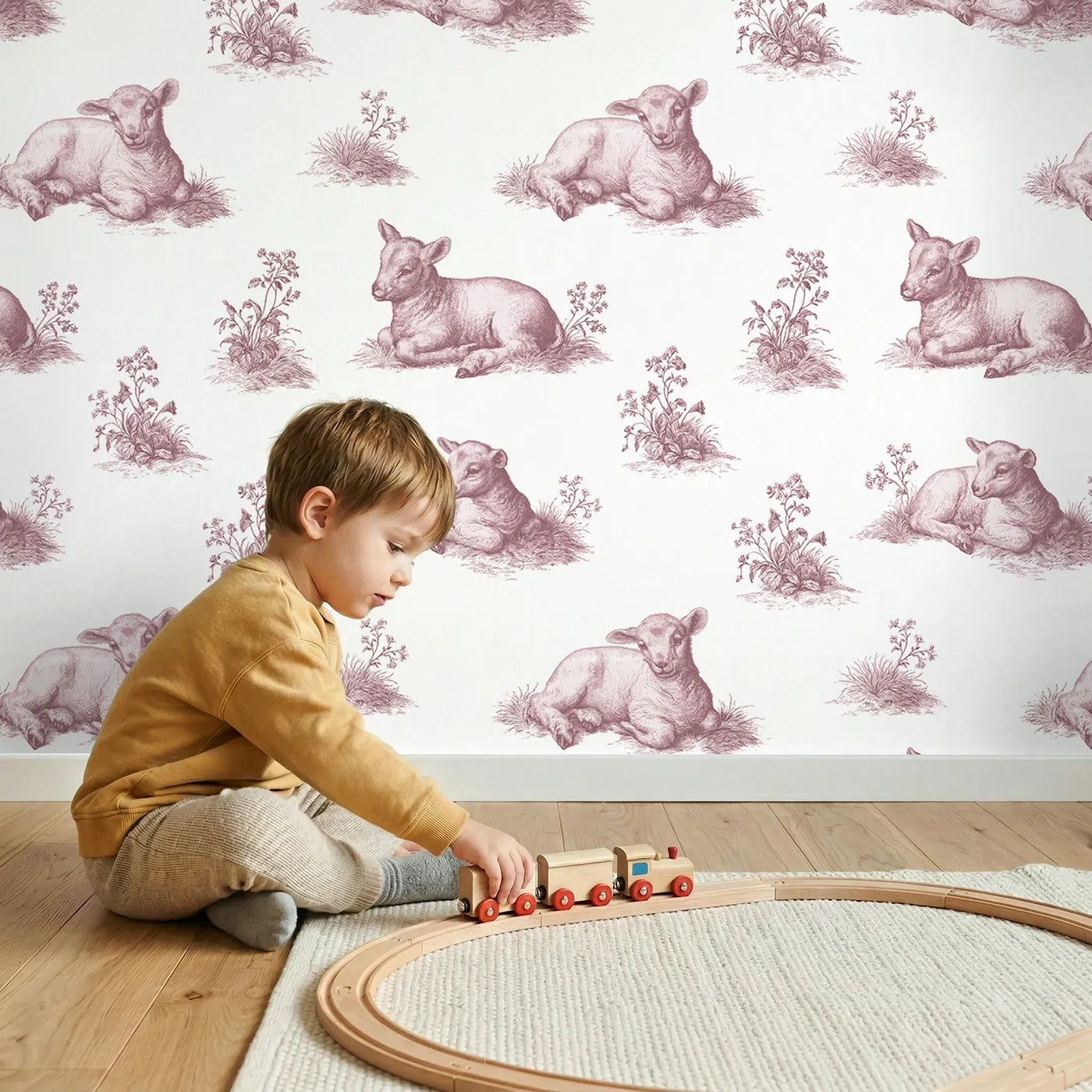 Lamb Toile Garden in Pink wallpaper in a cozy kids room - Whimsy Tots