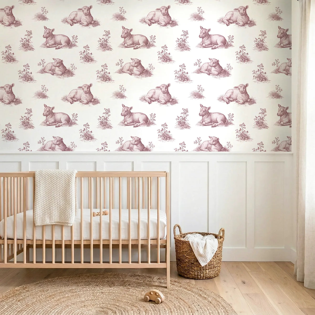 Lamb Toile Garden in Pink wallpaper above wainscoting - Whimsy Tots