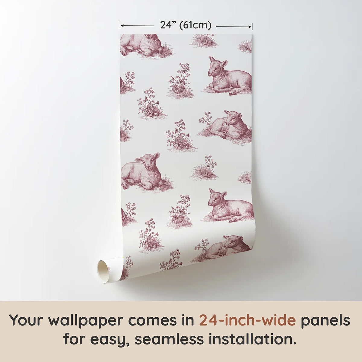 Lamb Toile Garden in Pink wallpaper panel dimensions - Whimsy Tots